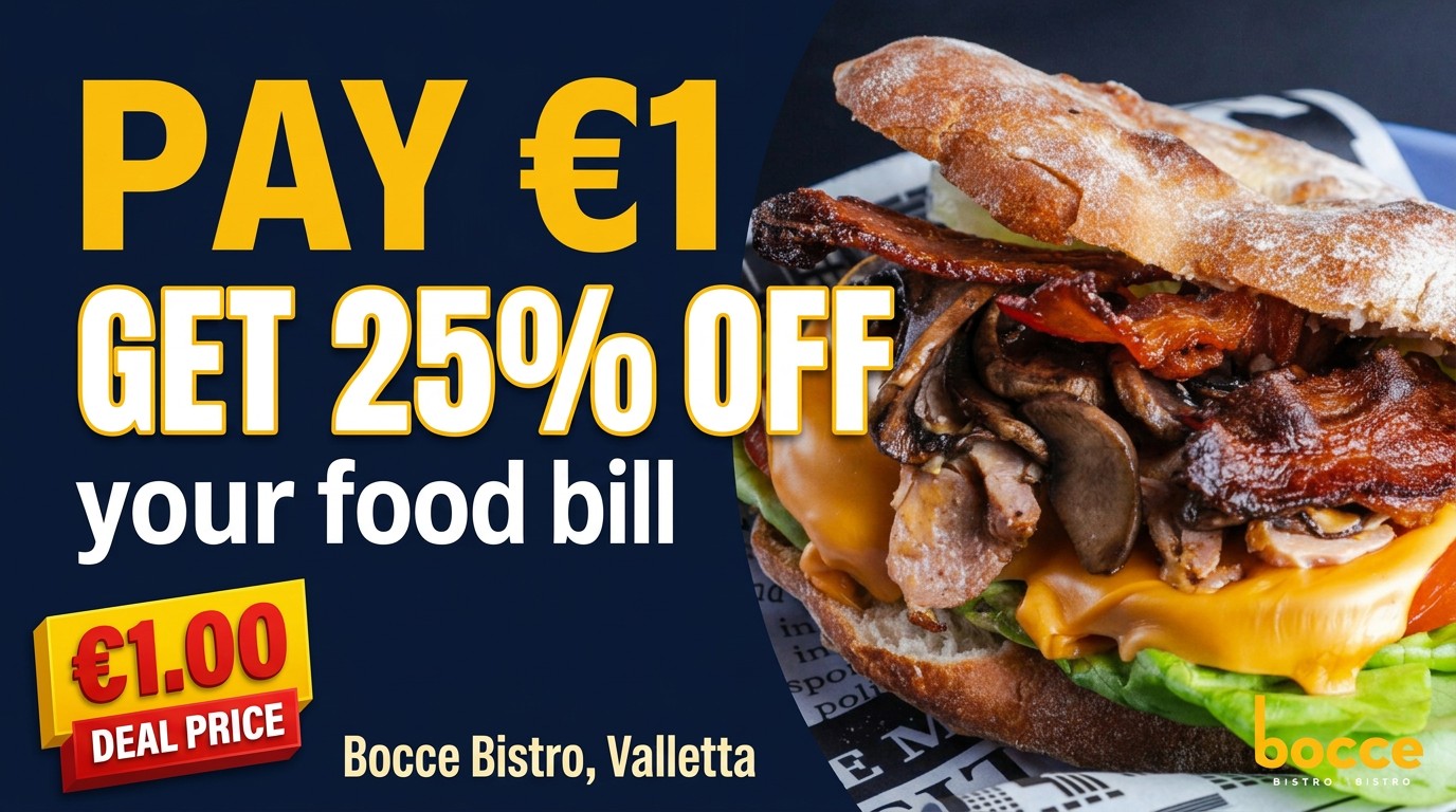 Pay €1, get 25% OFF your food bill at Bocce Bistro, Valletta — Deal.com.mt